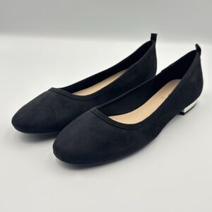 ALDO Kaye Women's Ballet Flats in Black Suede Round Toe Metallic Heel Sizes 8.5